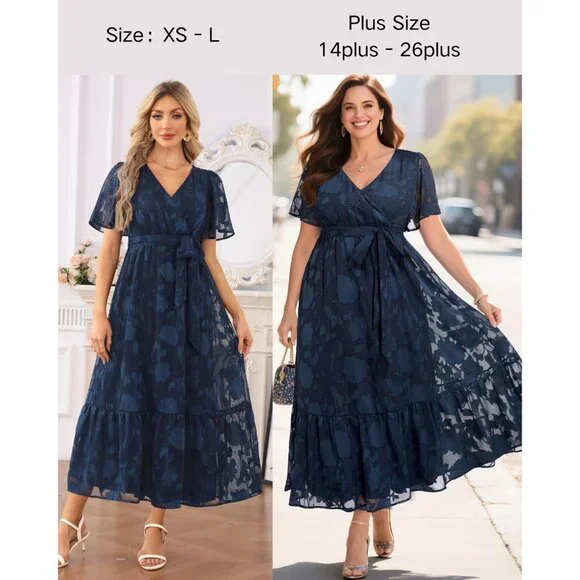 Plus Size Navy Blue V-Neck Maxi Dress for Wedding Guest Spring Summer
